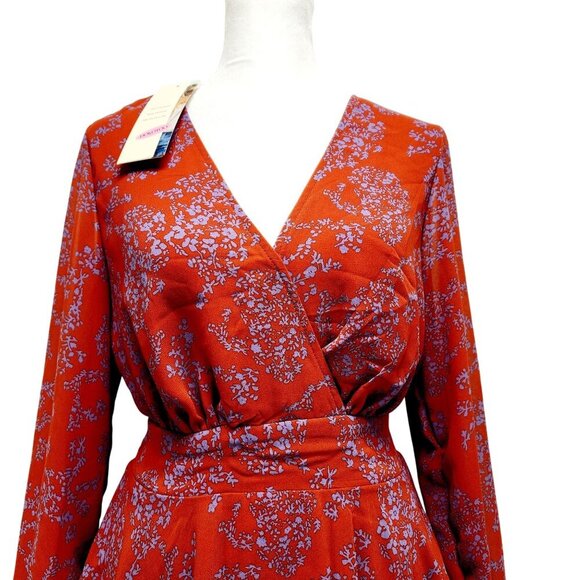Red Floral Ruffle Hem Wrap Dress  Long Sleeves & Tie Waist By Dokotoo Size S - Picture 8 of 11